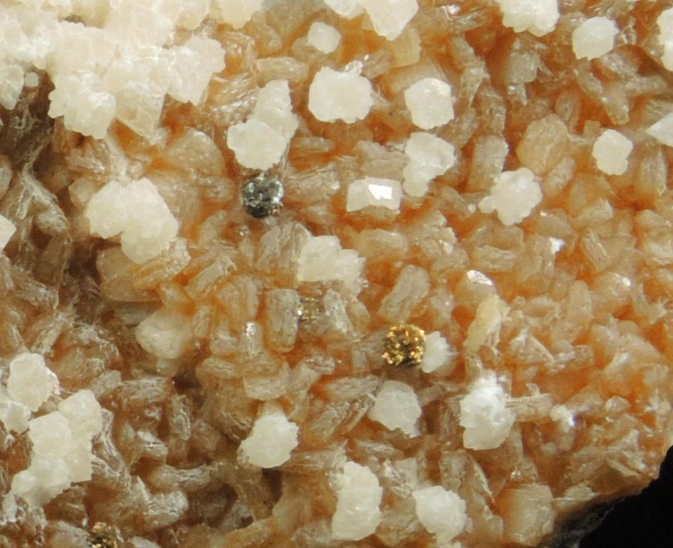 Detail view of mineral Stilbite-Ca and Calcite with minor Pyrite for sale from 700' level, Sta.167, Queens Tunnel of NYC Water Tunnel #3, Woodside, Queens, New York City, Queens County, New York