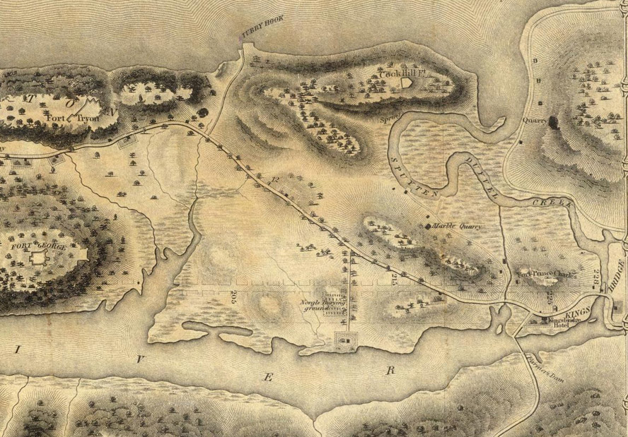 The Minerals of New York City: Map of northern Manhattan Island by Colton (1836) showing the old marble quarry near Spuyten Duyvil Creek 
